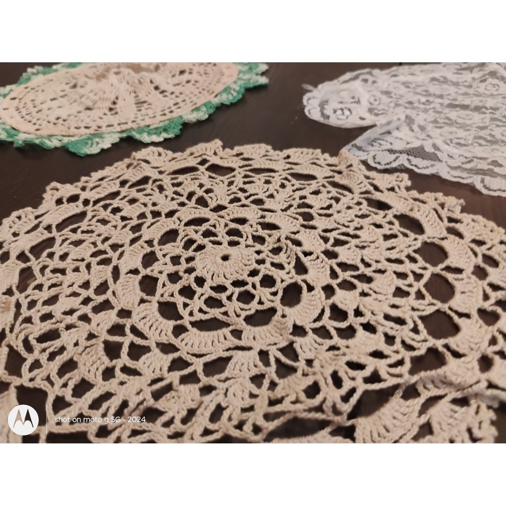 Vintage Handmade Crochet Doilies Set of 3 Tan Green White Lace Cottagecore Decor